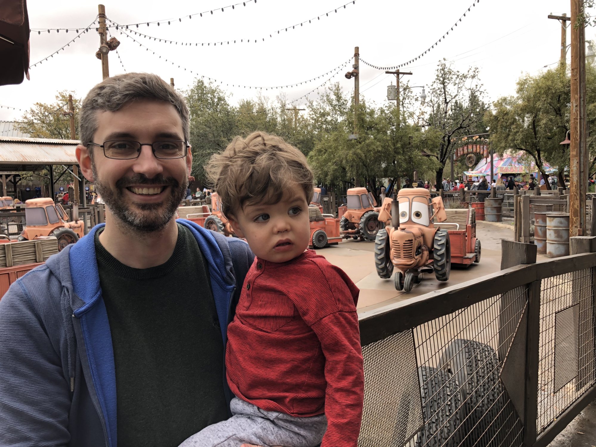 Mater's Tractor Ride. Ben was not a fan while on it, but enjoyed talking about the trucks after it was over.