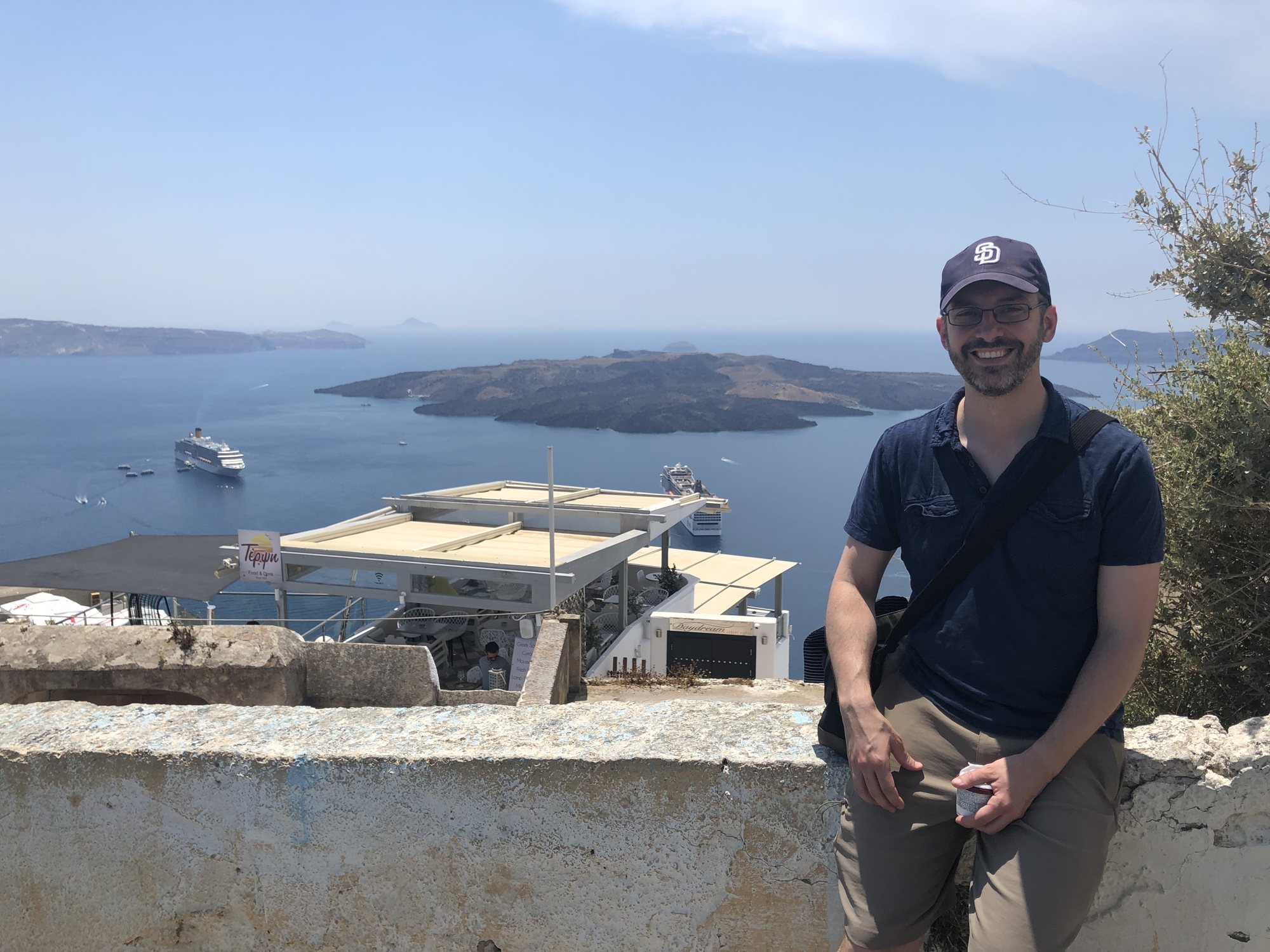 View of the newly forming volcano (and Craig) in Thira, Santorini.