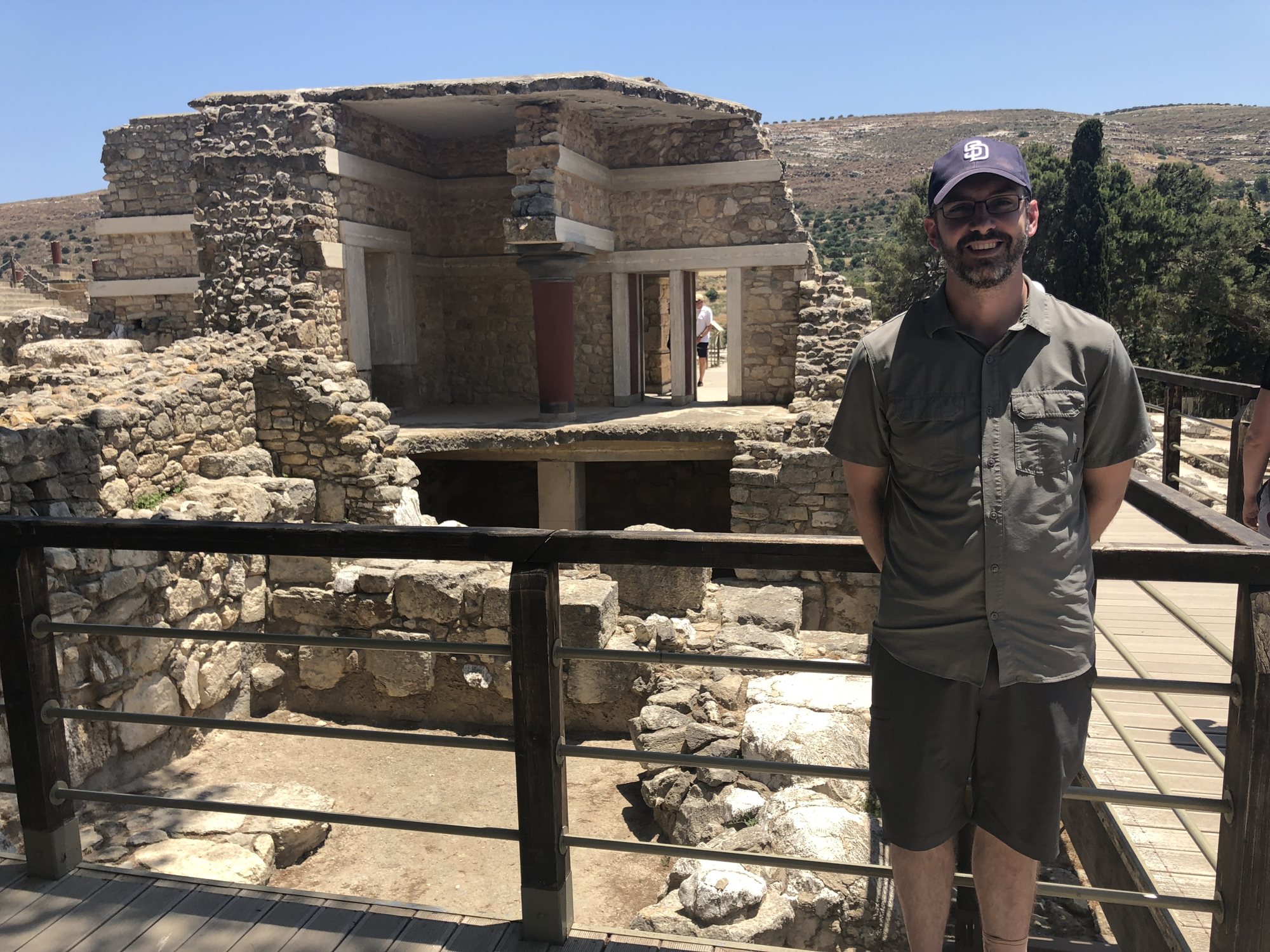 Knossos (and Craig for scale). Quite a bit of it was "reconstructed" (destroyed, in my opinion) by Arthur Evans (as seen in the background), but it was still an impressive site.