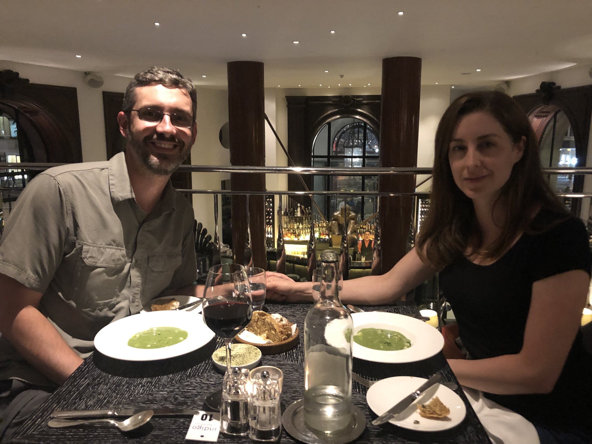 Sleepy 10:15 pm dinner in London. Amazing food - just wish I had been awake for it.