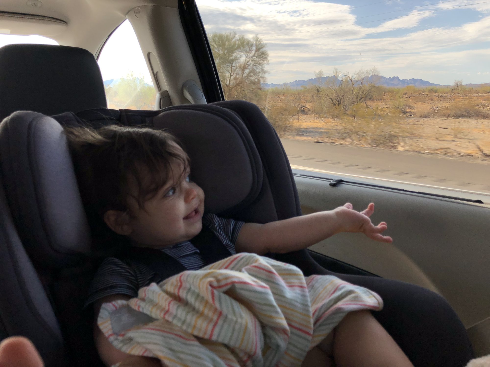 Nora's first road trip. Driving to Mema's!