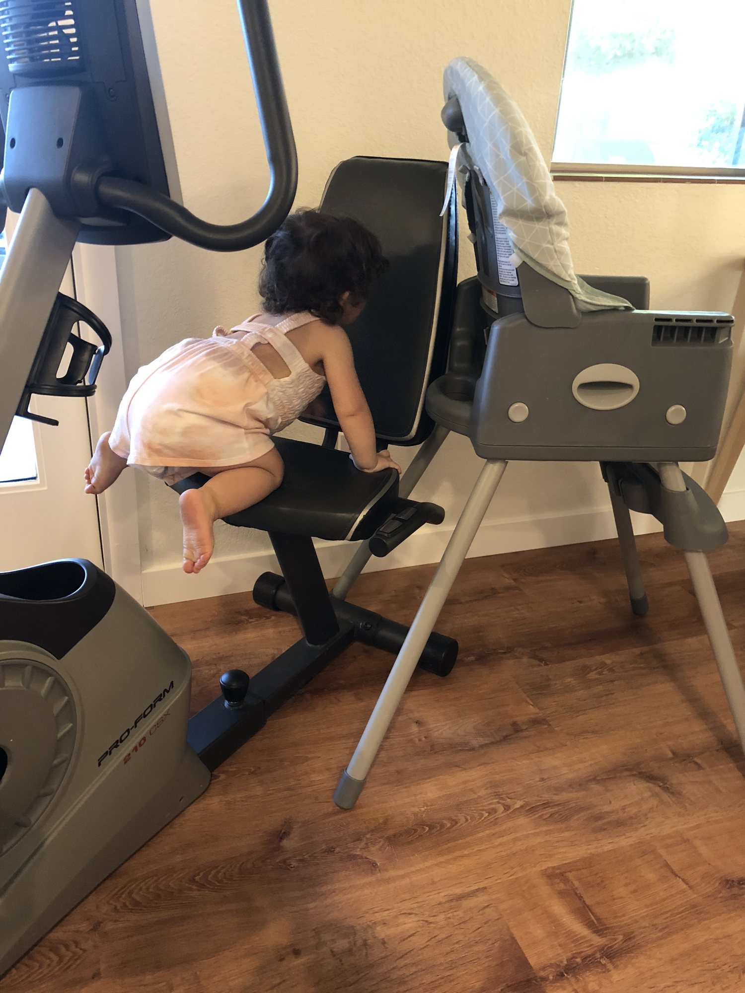 She scooted her highchair over to the exercise bike and clearly had a plan, but was foiled by shiny buttons on the bike. LOL.