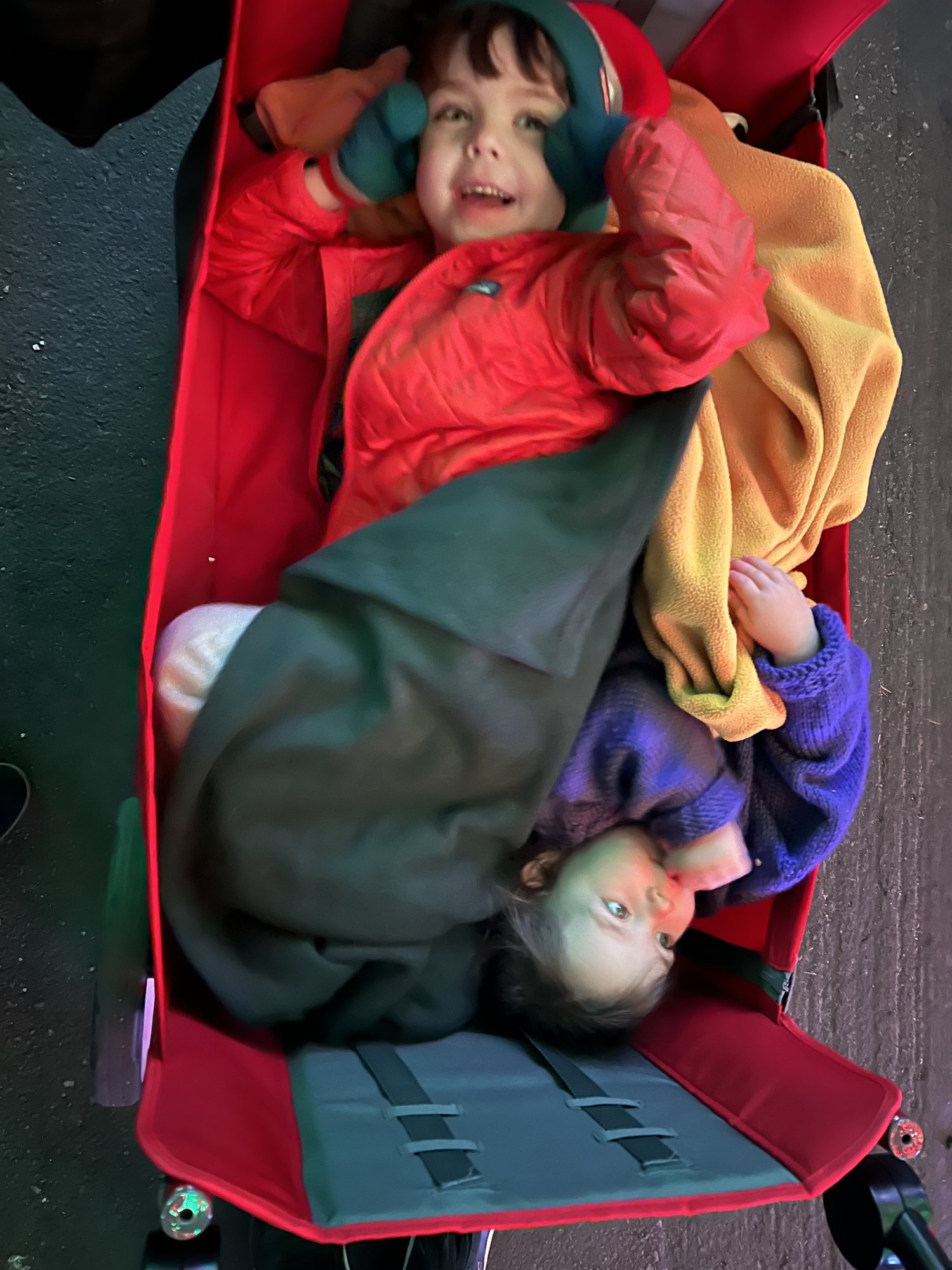 Trying to fit in the wagon at ZooLights. This definitely didn't lead to any fights at all.