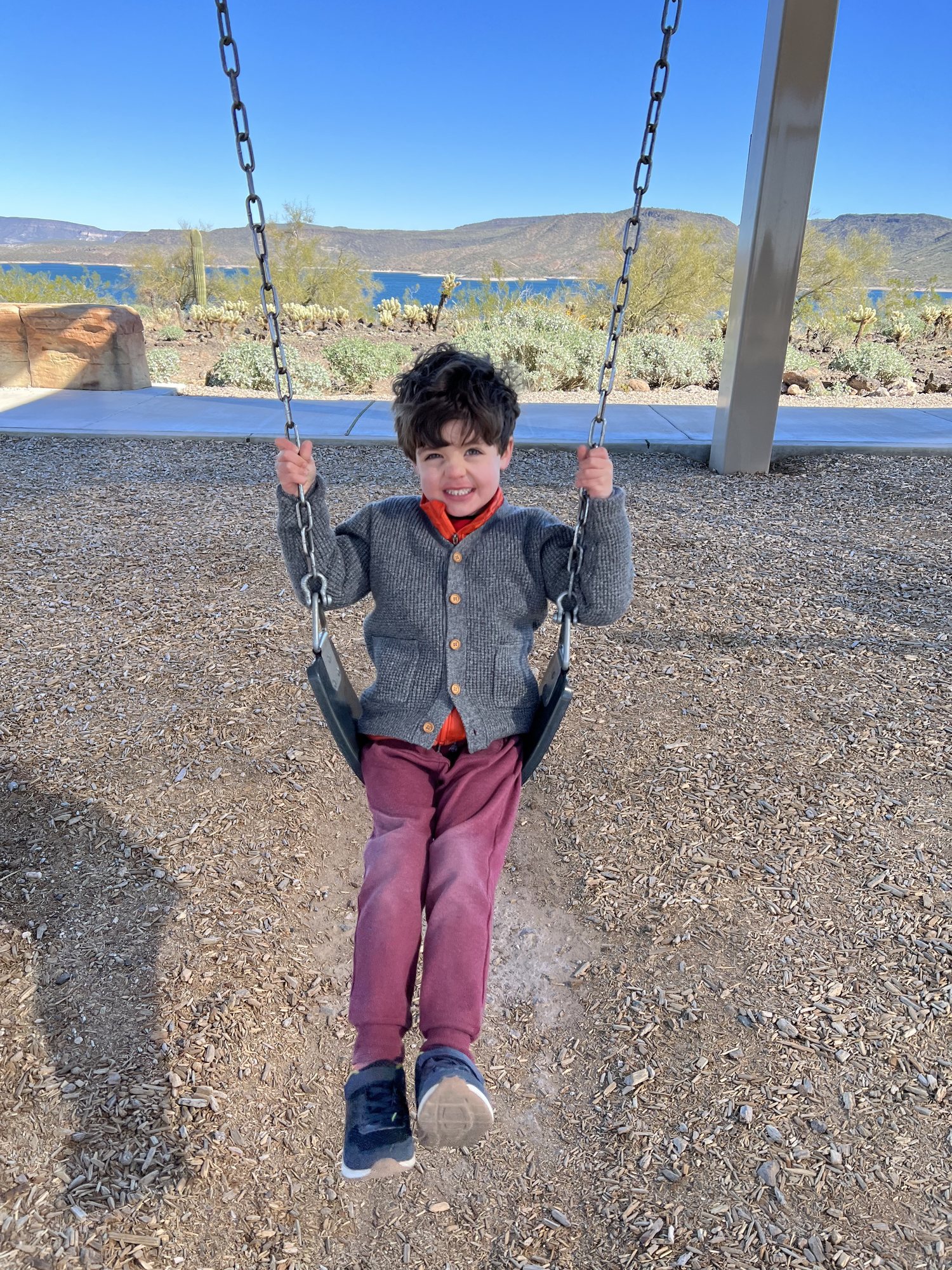 Swings at Lake Pleasant. Neither kiddo minded how cold and windy it was.