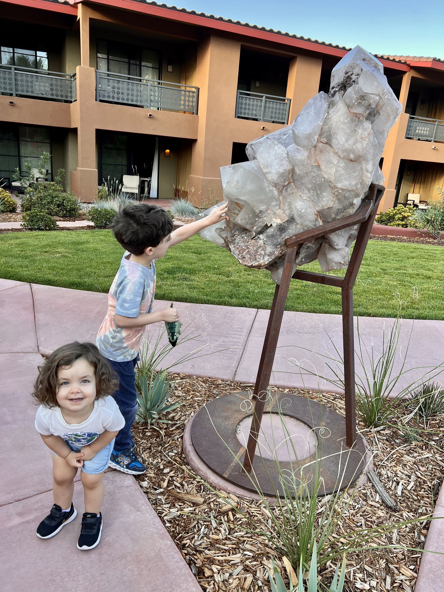 Admiring the giant quartz crystal at our hotel in Sedona.