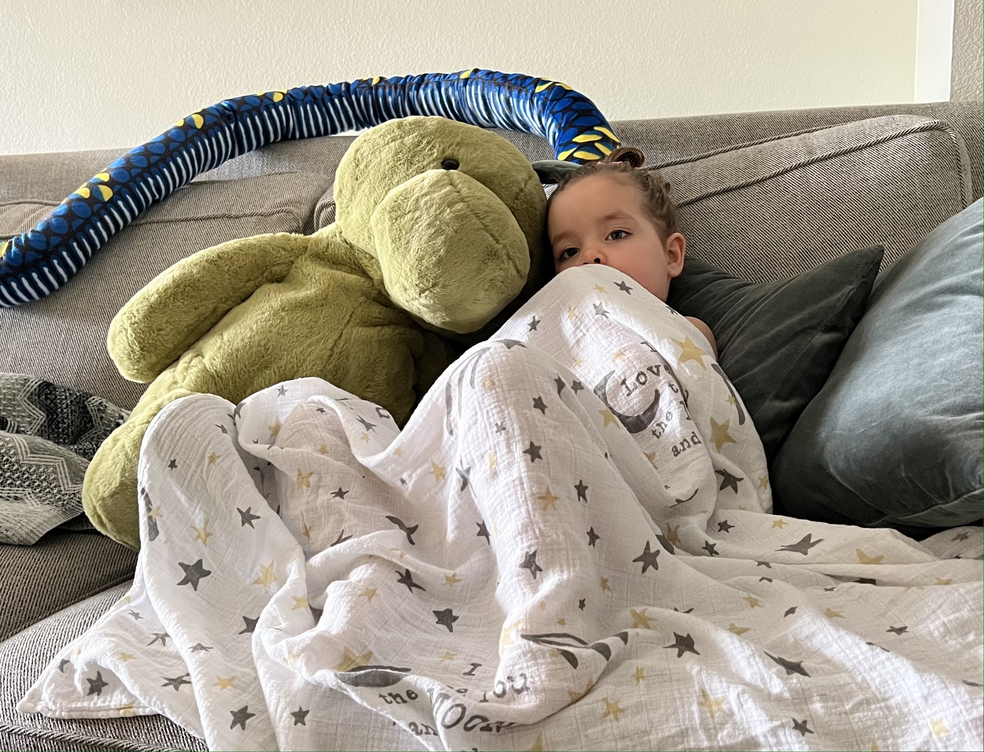 Home sick and snuggling with dinosaur and snake.