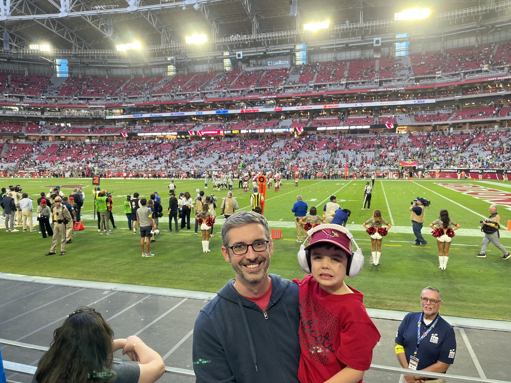 Arizona Cardinals game. Despite the look on his face, Ben really enjoyed the game. The Cardinals lost, unfortunately.