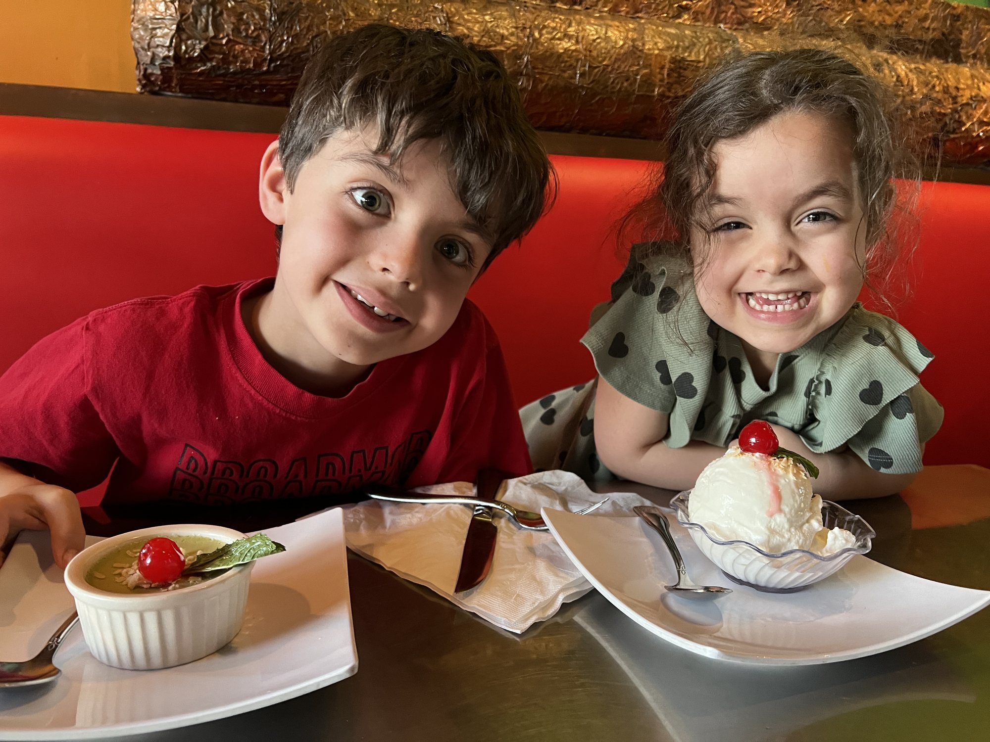 Dessert after trying Thai food. Nora's favorite is chicken satay. Ben liked the mini corn dogs (lol).