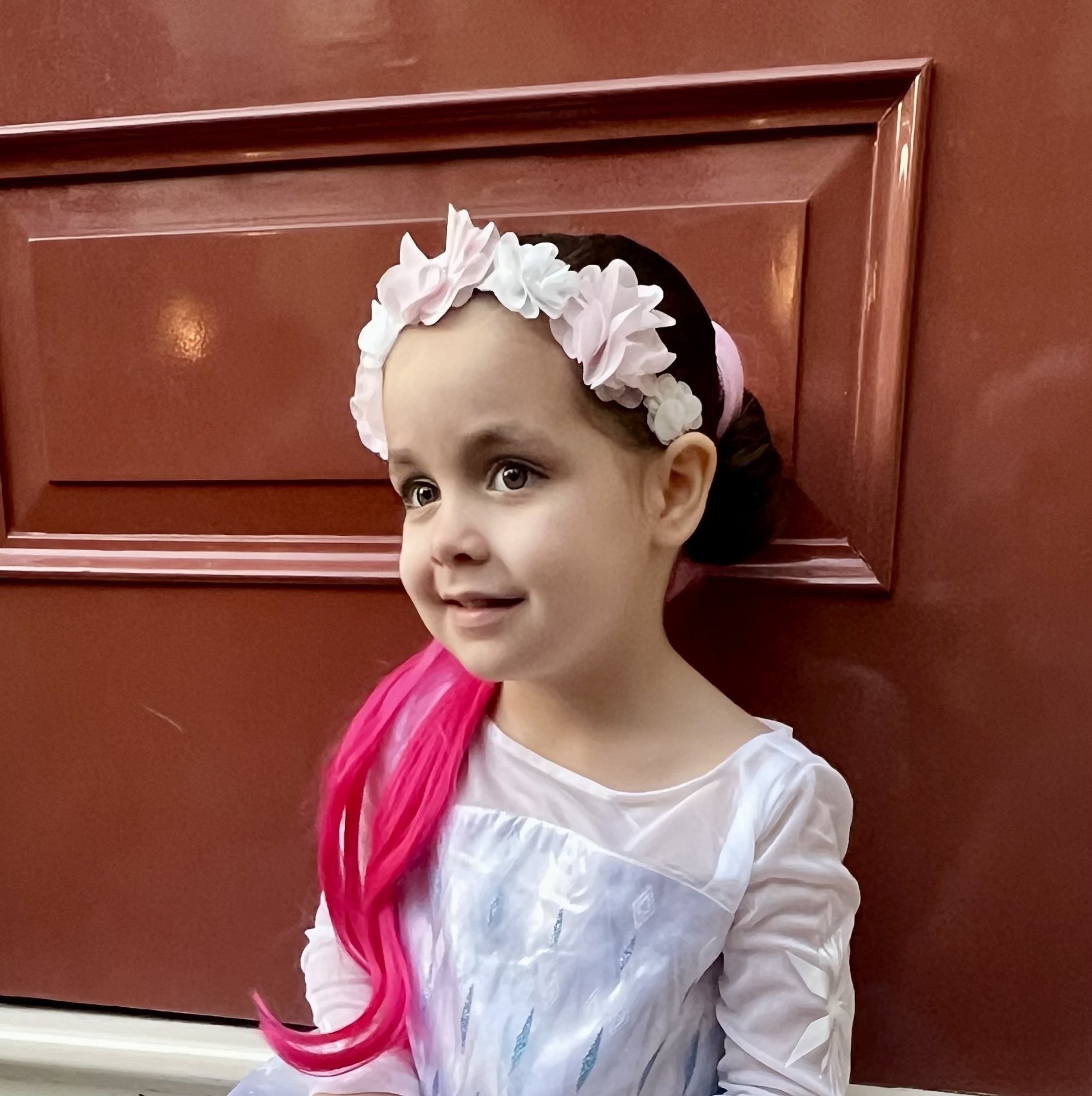 Disneyland tradition - picture of Nora in front of the red door.