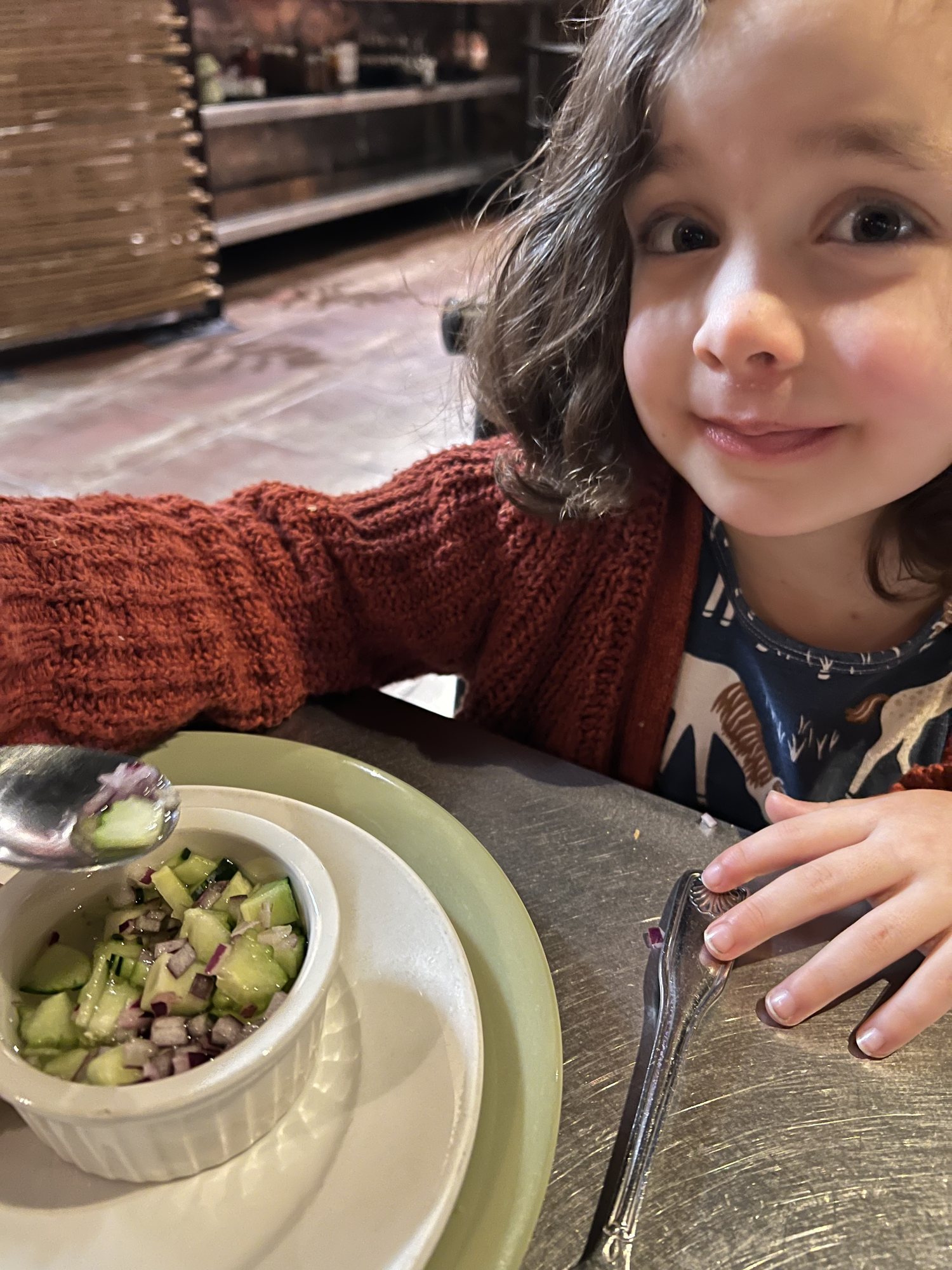 Nora's favorite food at our favorite Thai place - cucumber salad!